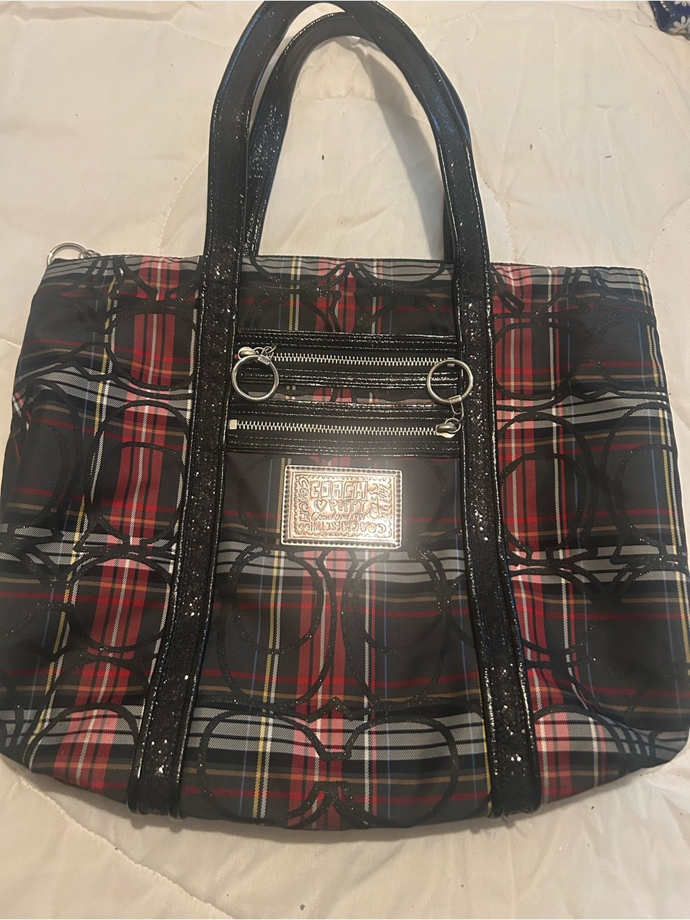 Coach Red and Black Plaid Tote with Logo Plaque